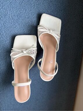 White Square-Toe Slingback Heels with Bow Detail